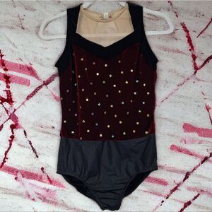 Adult Maroon Velvet Sequin Dance Costume Sleeveless Mesh Keyhole Cutout Leotard